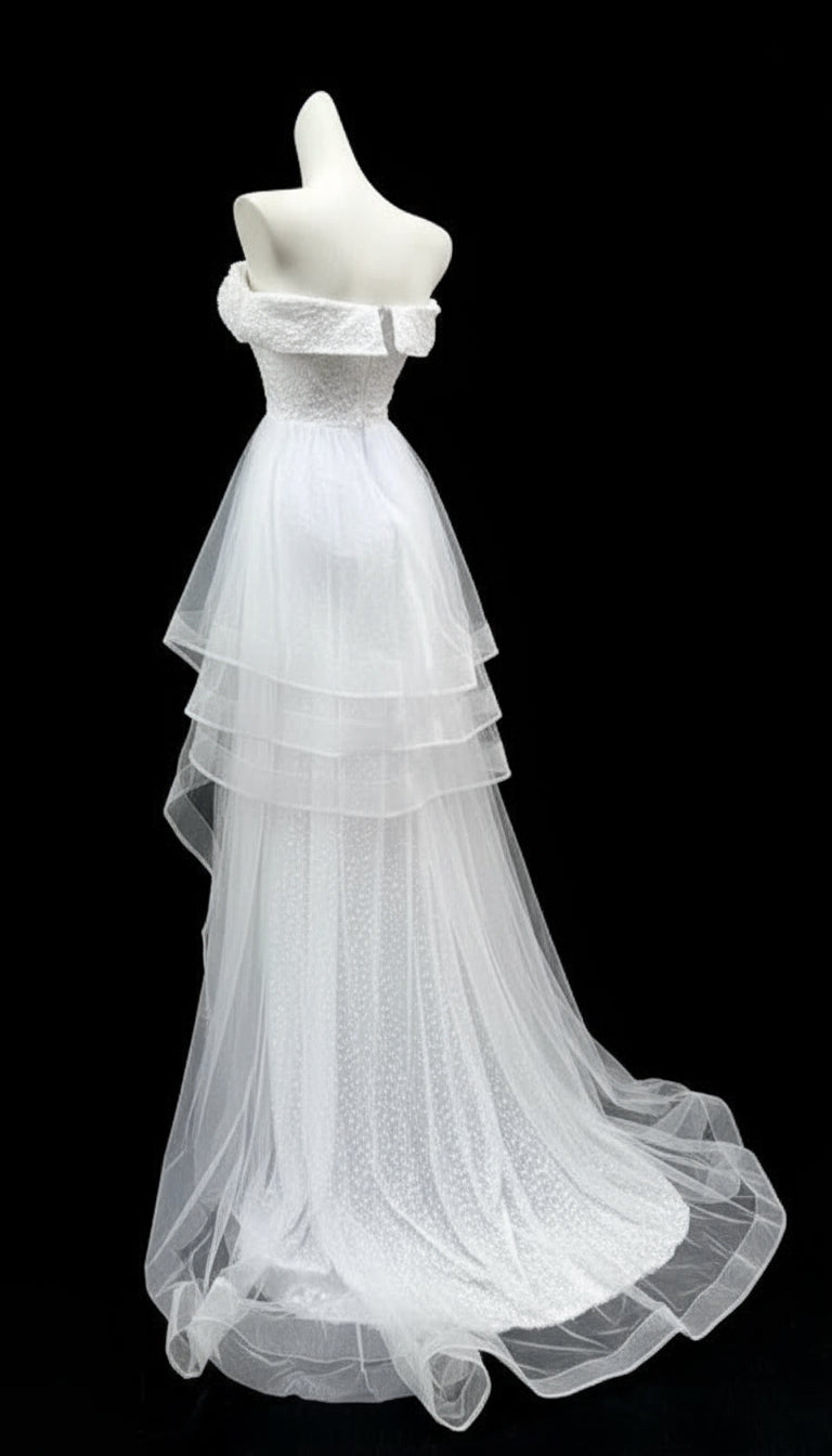 Elegant A-Line Strapless Tulle Sequins White Long Evening Dress