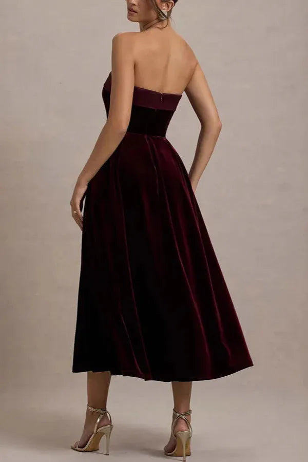 Elegant A-Line Strapless Velvet Burgundy Midi Prom Dress For Female Guests