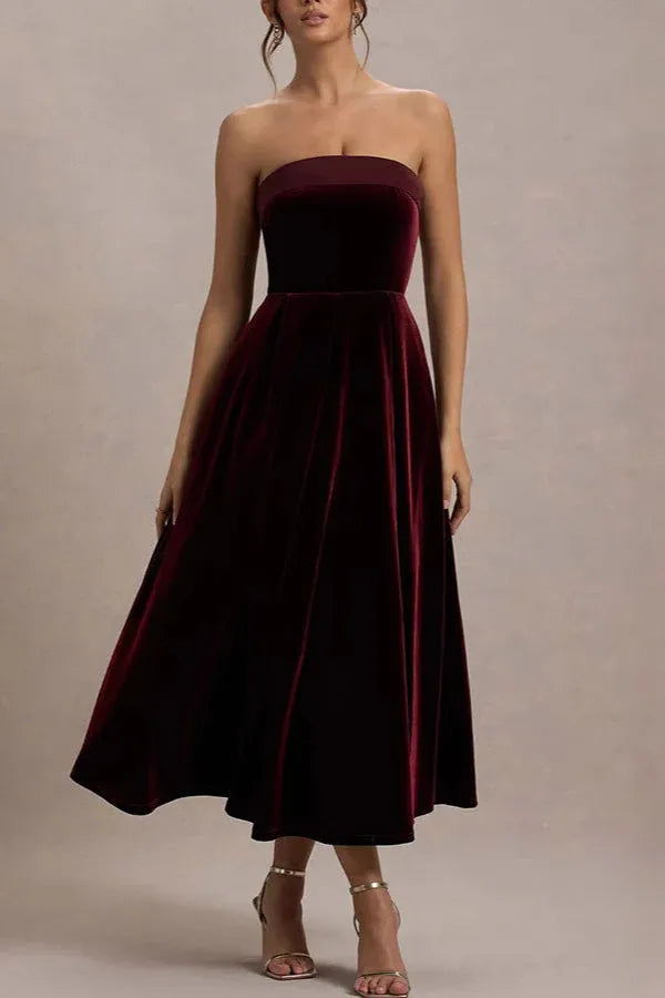 Elegant A-Line Strapless Velvet Burgundy Midi Prom Dress For Female Guests