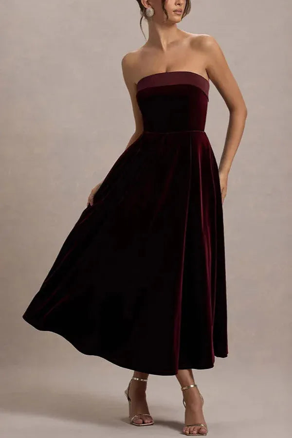 Elegant A-Line Strapless Velvet Burgundy Midi Prom Dress For Female Guests