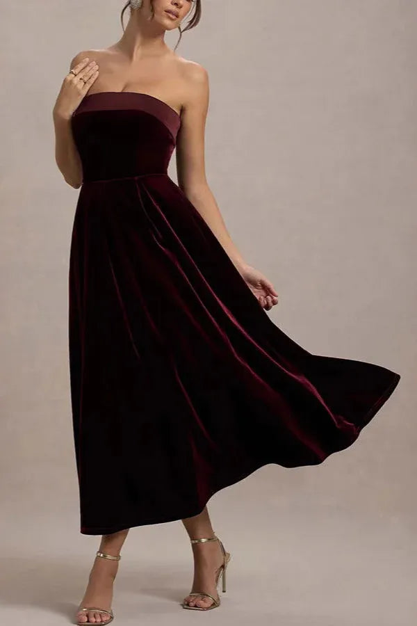 Elegant A-Line Strapless Velvet Burgundy Midi Prom Dress For Female Guests