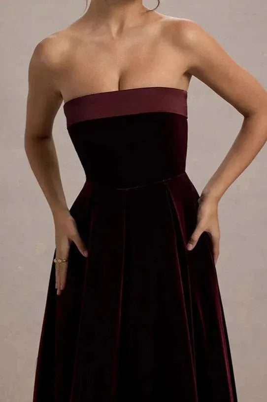 Elegant A-Line Strapless Velvet Burgundy Midi Prom Dress For Female Guests