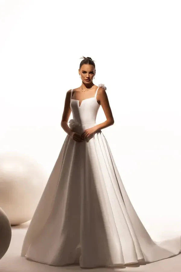 Elegant A-Line Sweetheart 3D Floral Satin White Train Wedding Dress No Veil