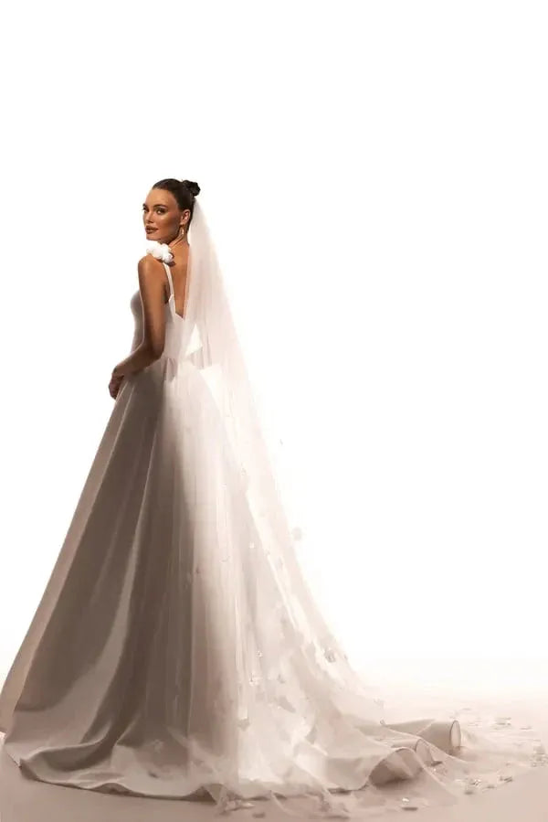 Elegant A-Line Sweetheart 3D Floral Satin White Train Wedding Dress No Veil