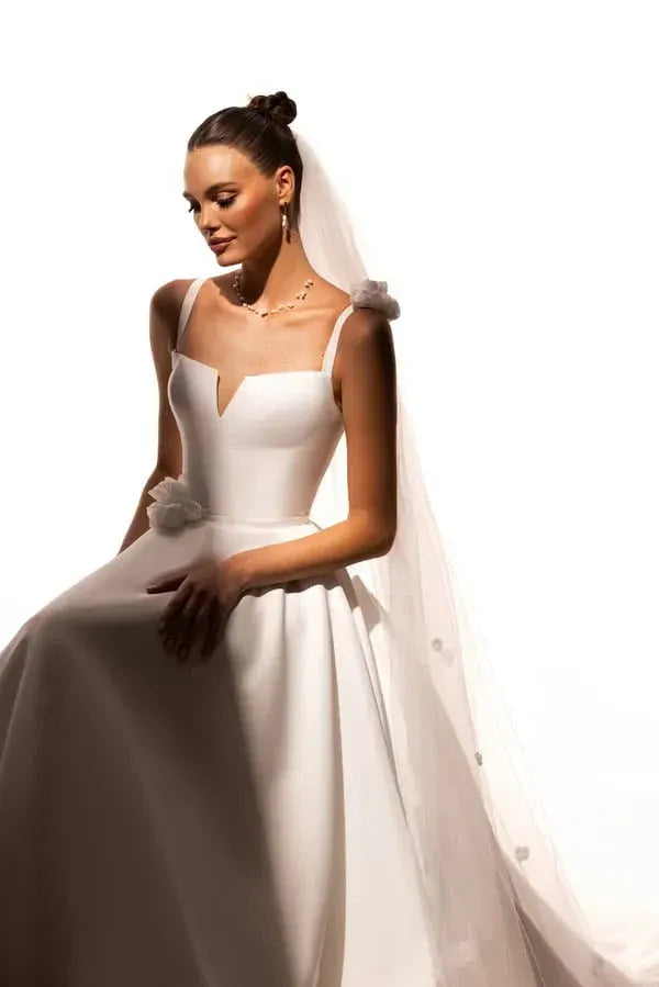 Elegant A-Line Sweetheart 3D Floral Satin White Train Wedding Dress No Veil