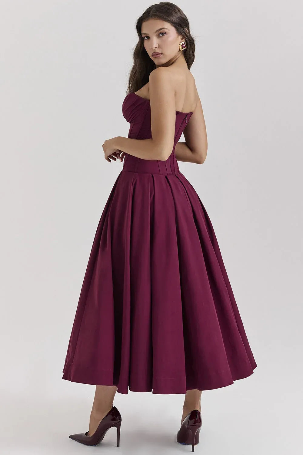 Elegant A-Line Sweetheart Corset Burgundy Midi Prom Dress With Pocket For Sale