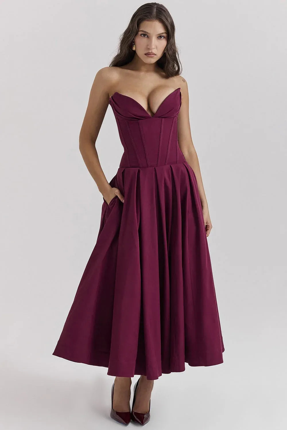 Elegant A-Line Sweetheart Corset Burgundy Midi Prom Dress With Pocket For Sale