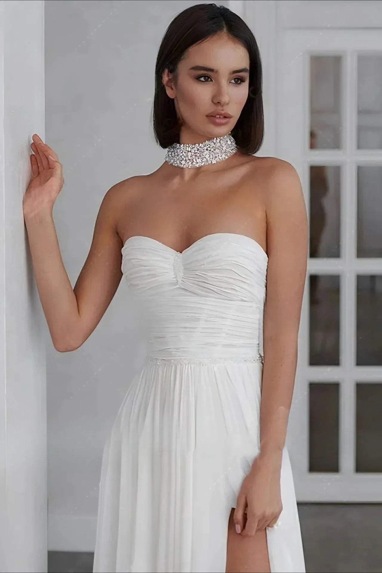 Elegant A-Line Sweetheart Ruched White Floor-Length Prom Dress With High Slit