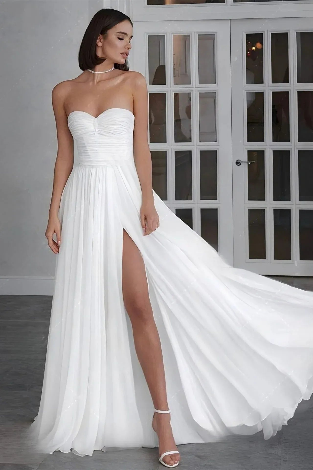 Elegant A-Line Sweetheart Ruched White Floor-Length Prom Dress With High Slit