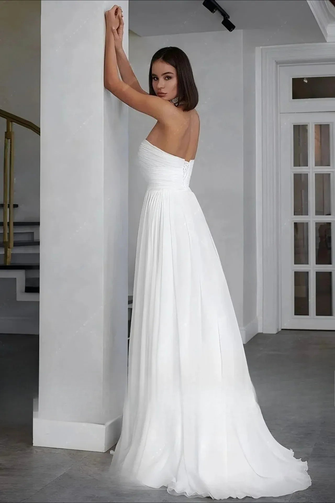 Elegant A-Line Sweetheart Ruched White Floor-Length Prom Dress With High Slit