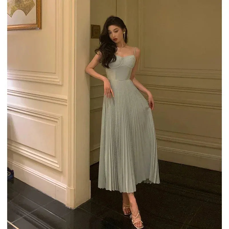 Elegant A-Line Sweetheart Sleeveless Pleated Sage Green Midi Prom Dress for Women Ready to Ship