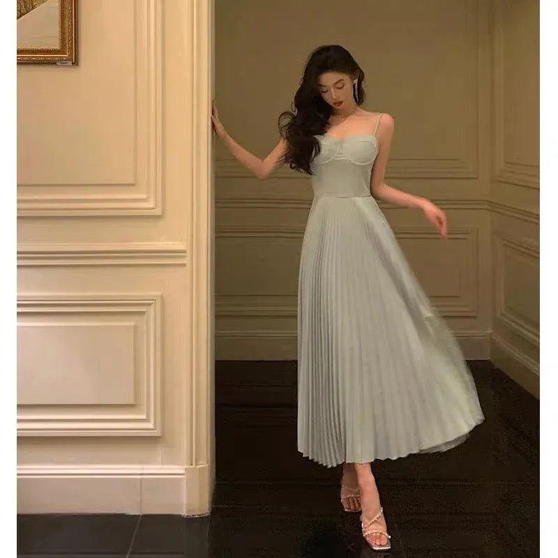 Elegant A-Line Sweetheart Sleeveless Pleated Sage Green Midi Prom Dress for Women Ready to Ship