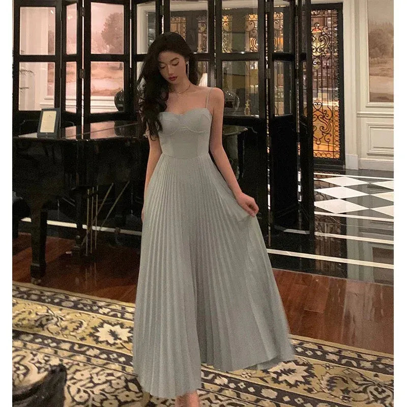 Elegant A-Line Sweetheart Sleeveless Pleated Sage Green Midi Prom Dress for Women Ready to Ship