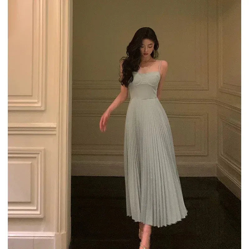 Elegant A-Line Sweetheart Sleeveless Pleated Sage Green Midi Prom Dress for Women Ready to Ship