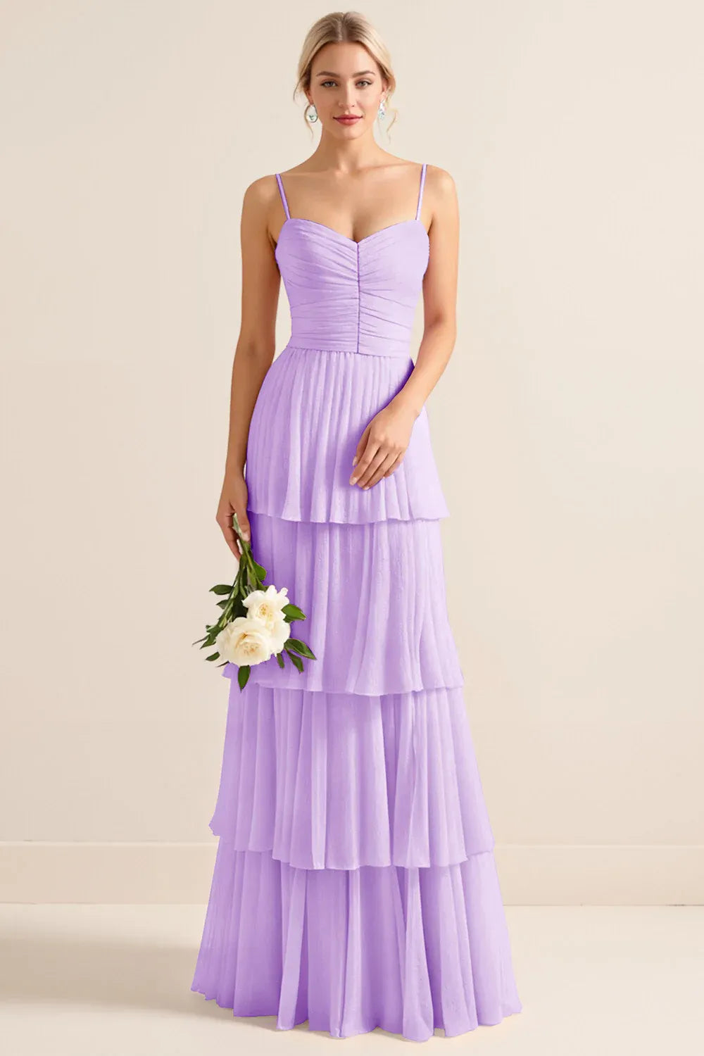 Elegant A-Line Sweetheart Spaghetti Strap Tiered Chiffon Lavender Maxi Prom Dress