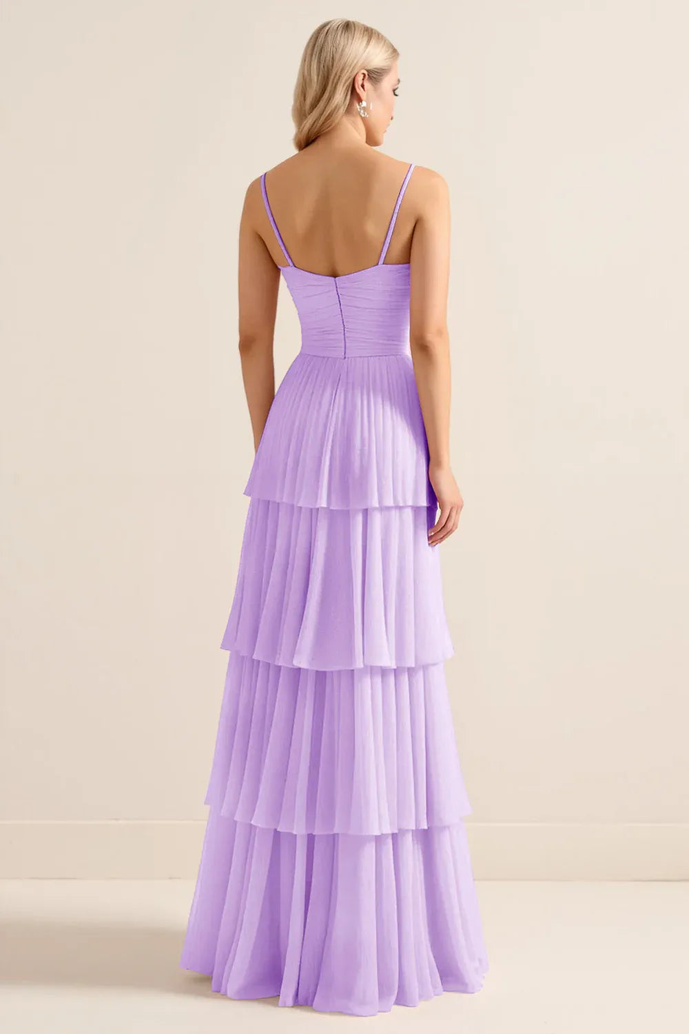 Elegant A-Line Sweetheart Spaghetti Strap Tiered Chiffon Lavender Maxi Prom Dress