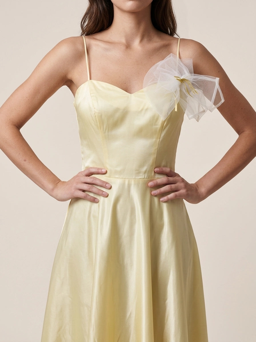 Elegant A-Line Sweetheart Spaghetti Straps Bow Satin Pale Yellow Midi Prom Dress