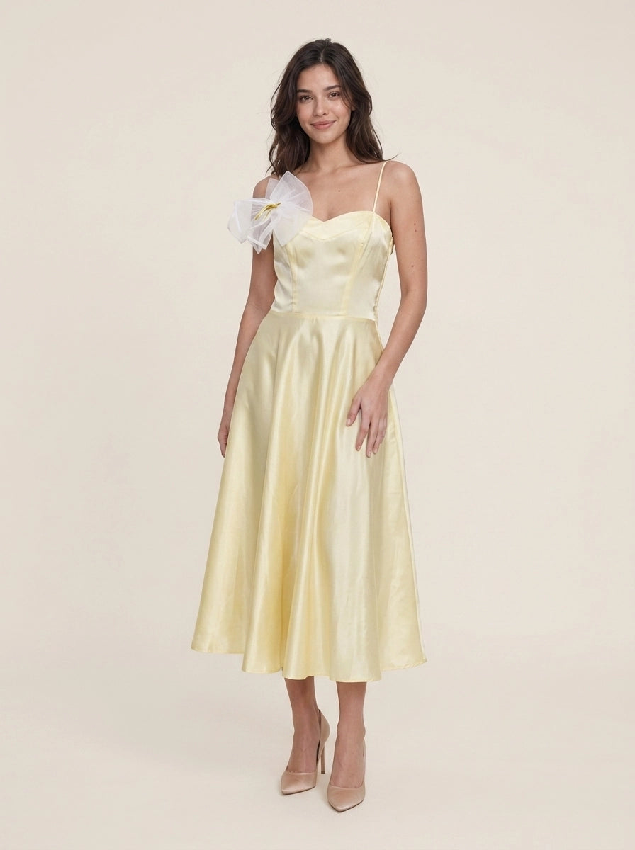Elegant A-Line Sweetheart Spaghetti Straps Bow Satin Pale Yellow Midi Prom Dress