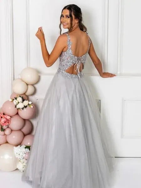 Elegant A-Line V-Neck Beaded Applique Lace-Up Tulle Silver Long Prom Dress