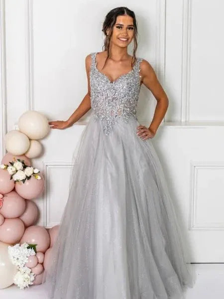 Elegant A-Line V-Neck Beaded Applique Lace-Up Tulle Silver Long Prom Dress