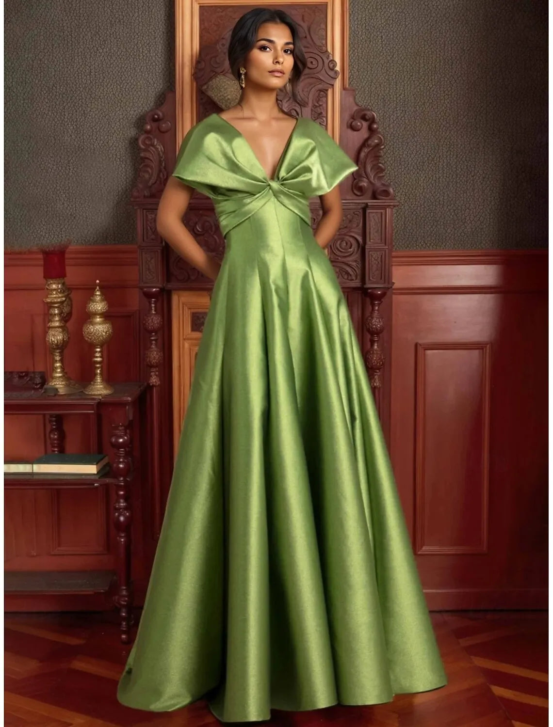 Elegant A-Line V-Neck Cap Sleeve Bow Olive Floor Length Prom Dress For Sale