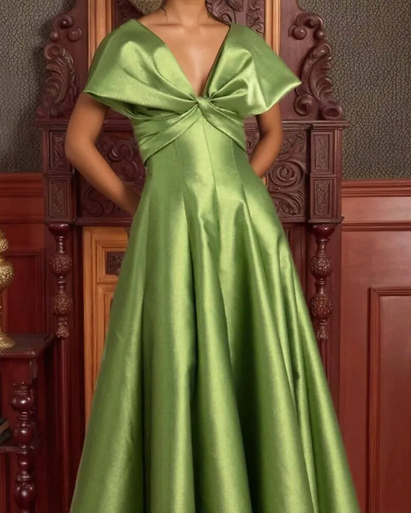 Elegant A-Line V-Neck Cap Sleeve Bow Olive Floor Length Prom Dress For Sale