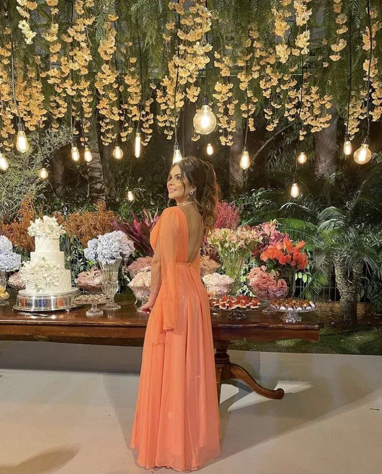 Elegant A-Line V-Neck Cape-Sleeved Chiffon Coral Orange Maxi Prom Dress for Women Ready to Ship