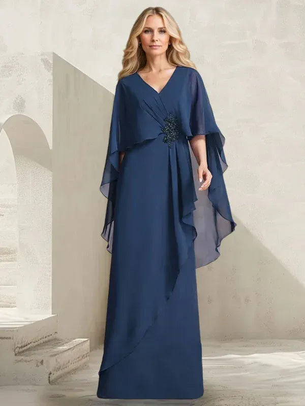Elegant A-Line V-Neck Cape Beaded Navy Floor-Length Mother of the Bride Dresses