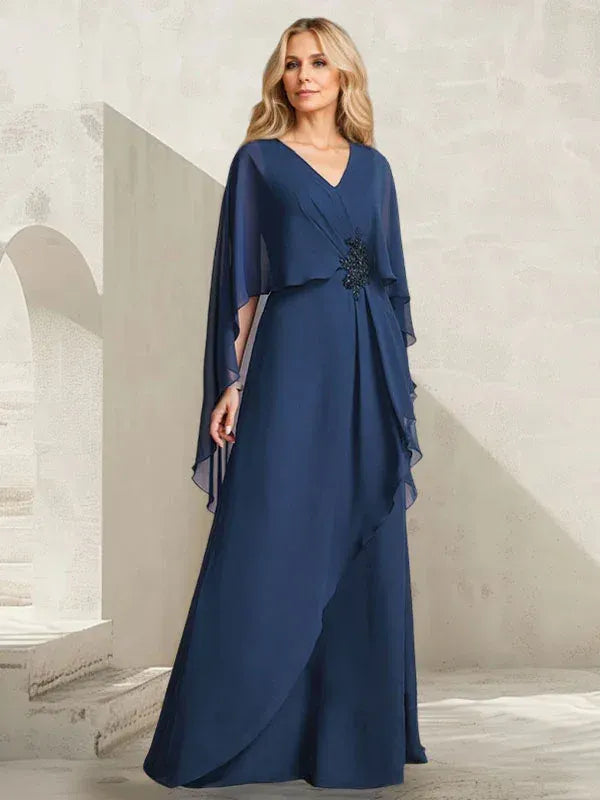 Elegant A-Line V-Neck Cape Beaded Navy Floor-Length Mother of the Bride Dresses