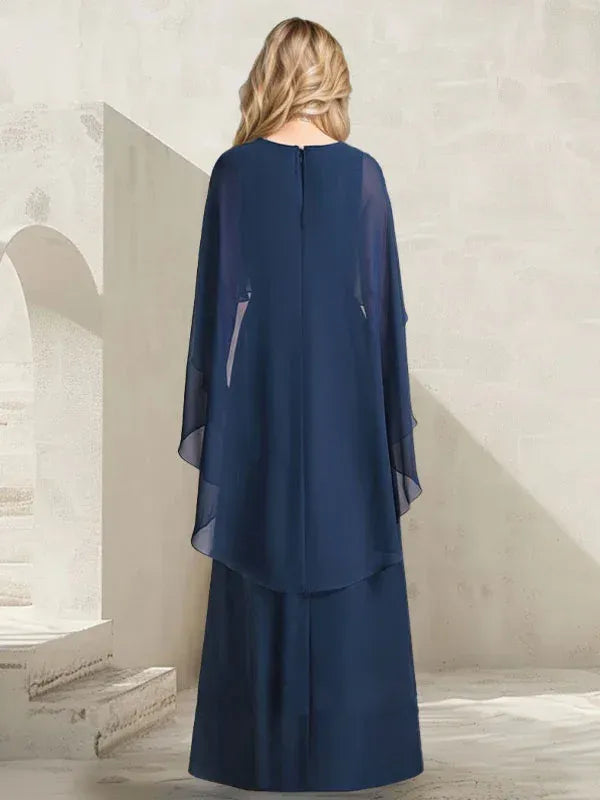 Elegant A-Line V-Neck Cape Beaded Navy Floor-Length Mother of the Bride Dresses