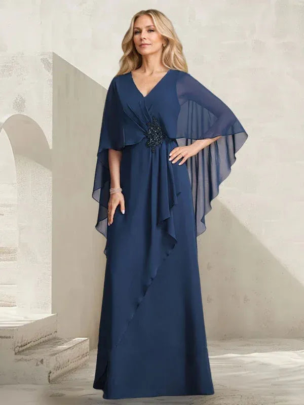 Elegant A-Line V-Neck Cape Beaded Navy Floor-Length Mother of the Bride Dresses
