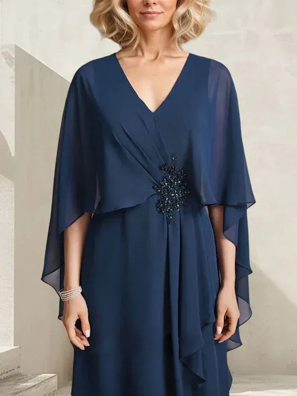 Elegant A-Line V-Neck Cape Beaded Navy Floor-Length Mother of the Bride Dresses