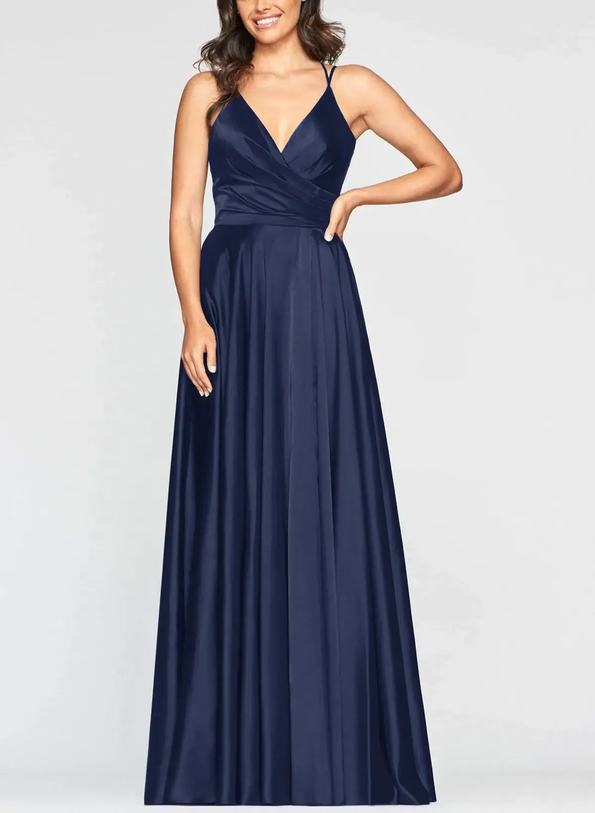 Elegant A-Line V-Neck Double Straps Ruched Navy Floor-Length Prom Dress With Slit
