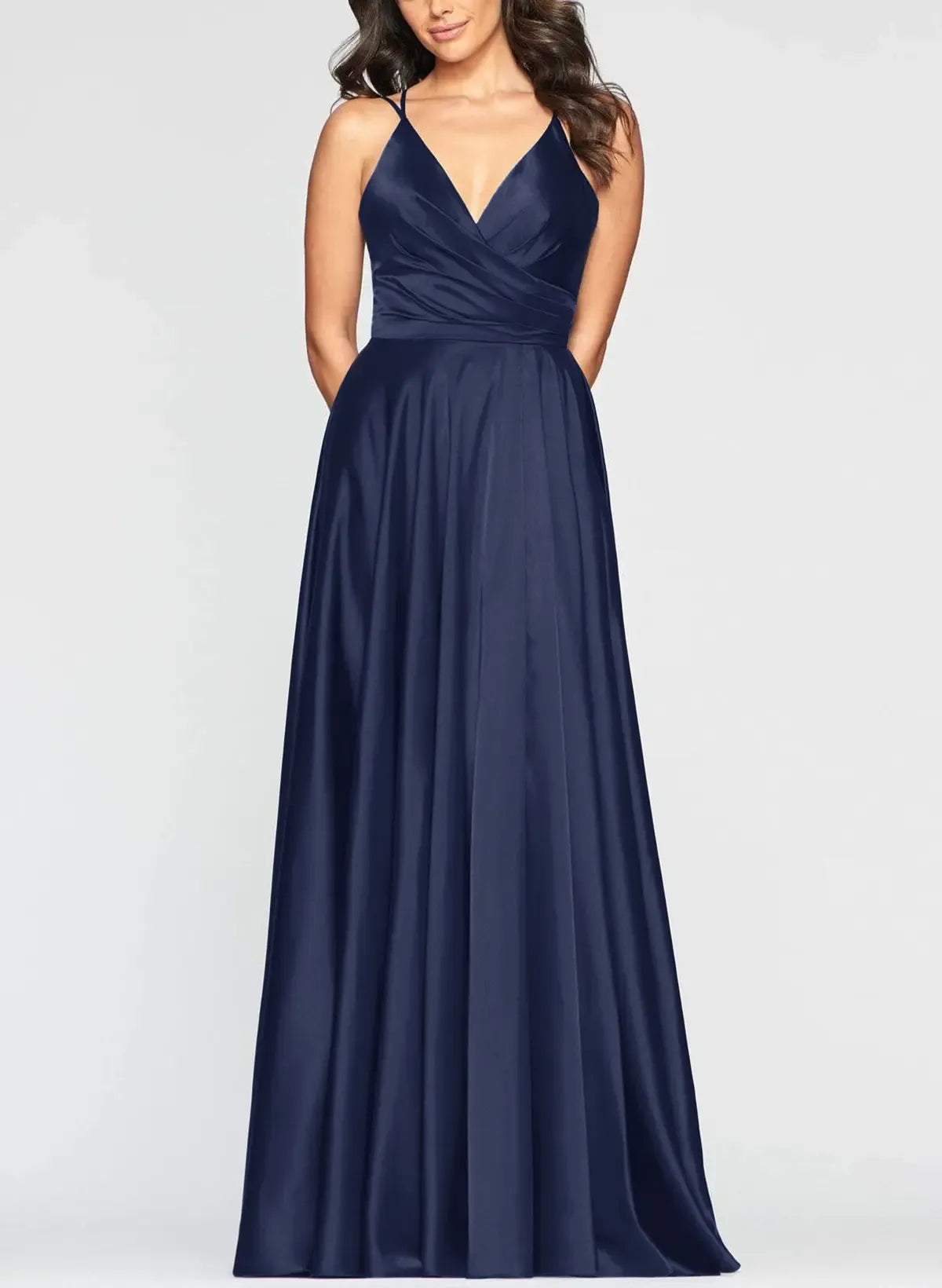 Elegant A-Line V-Neck Double Straps Ruched Navy Floor-Length Prom Dress With Slit