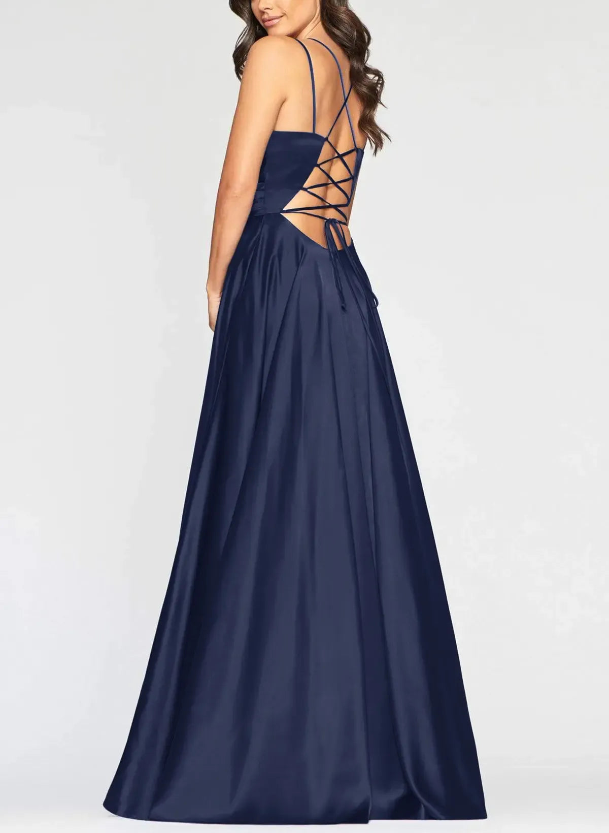 Elegant A-Line V-Neck Double Straps Ruched Navy Floor-Length Prom Dress With Slit