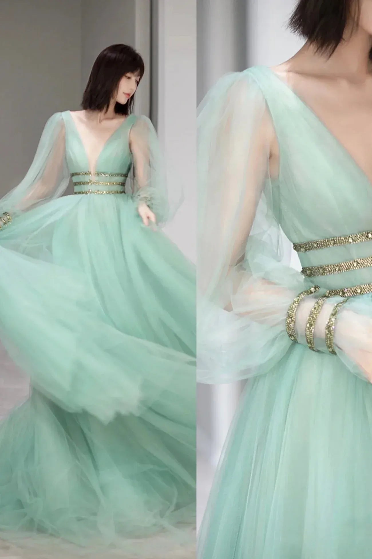 Elegant A-Line V-Neck Long Sleeve Backless Sweep/Brush Train Prom Dress