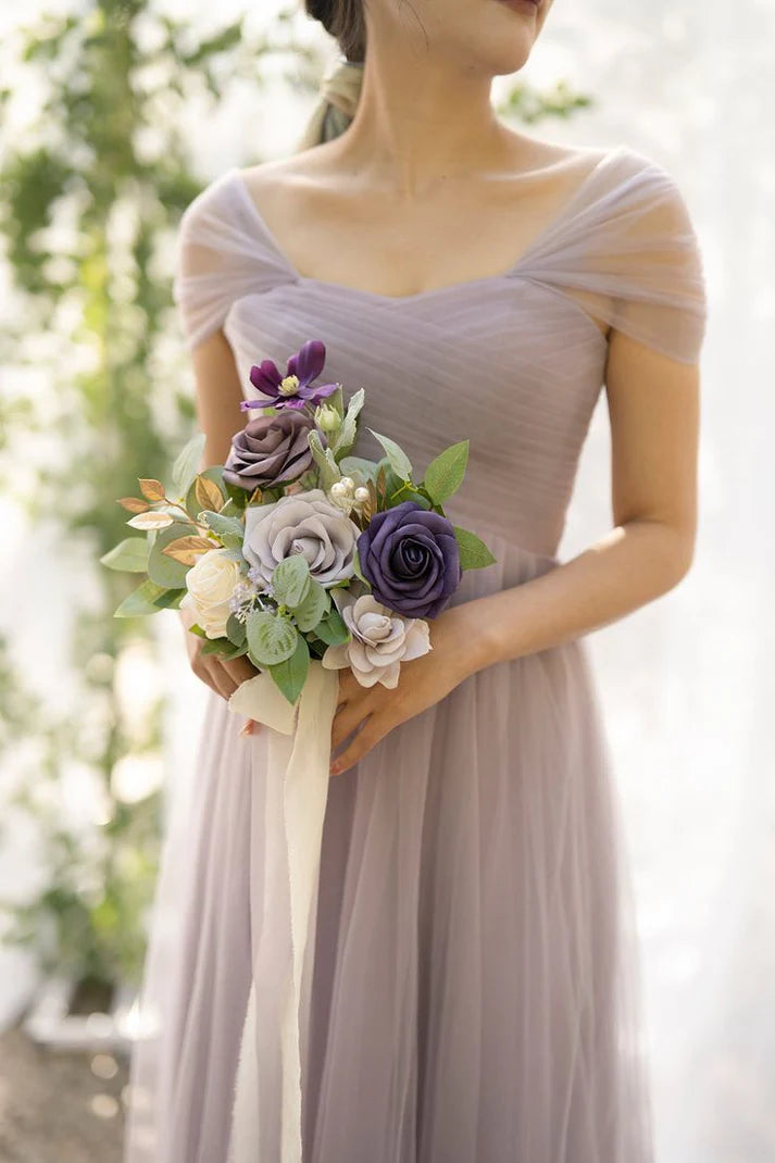 Elegant A-Line V-Neck Pleated Tulle Purple Bridesmaid Dress For Women