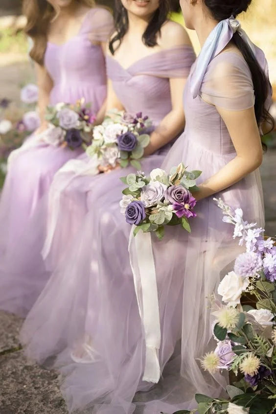 Elegant A-Line V-Neck Pleated Tulle Purple Bridesmaid Dress For Women