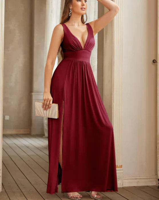 Elegant A-Line V-Neck Satin Champagne Bridesmaid Dress With High Slit