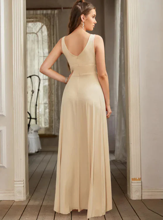 Elegant A-Line V-Neck Satin Champagne Bridesmaid Dress With High Slit
