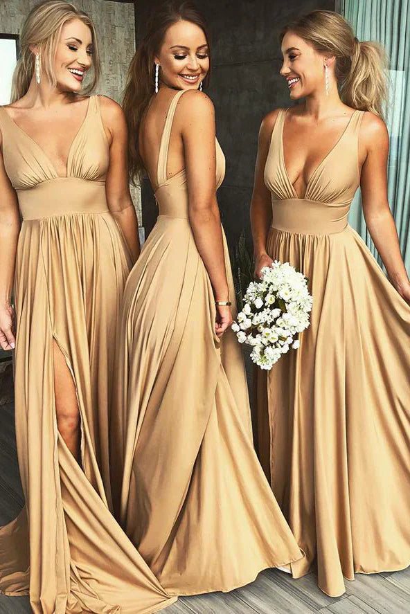 Elegant A-Line V-Neck Satin Champagne Bridesmaid Dress With High Slit