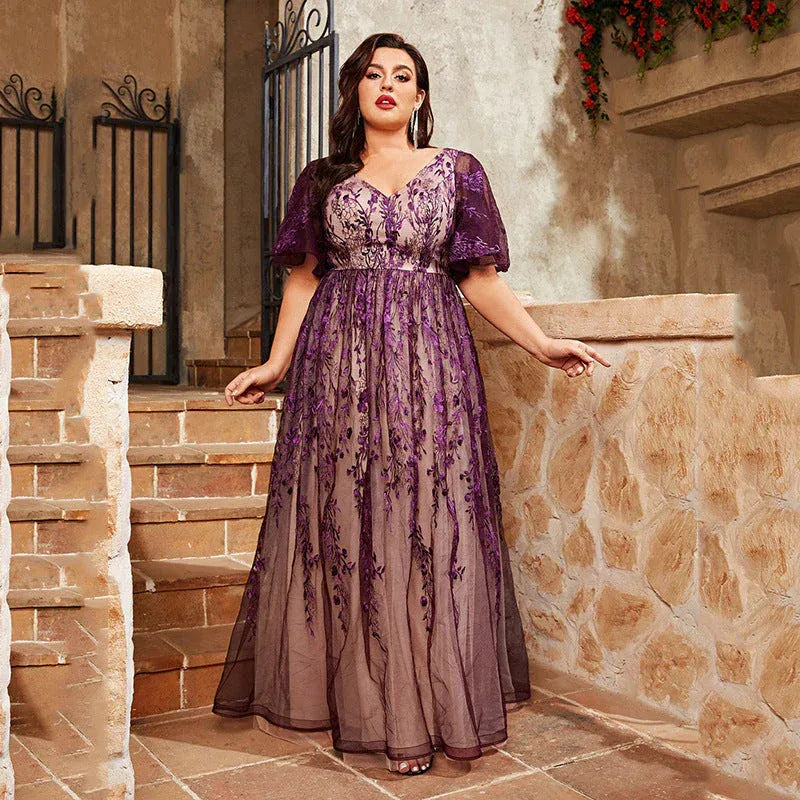 Plus Size A-Line V-Neck Short-Sleeve Embroidered Tulle Ombre-Purple Floor-Length Evening Dress