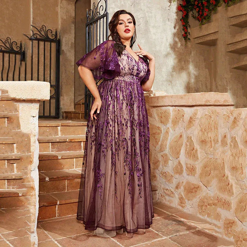 Plus Size A-Line V-Neck Short-Sleeve Embroidered Tulle Ombre-Purple Floor-Length Evening Dress