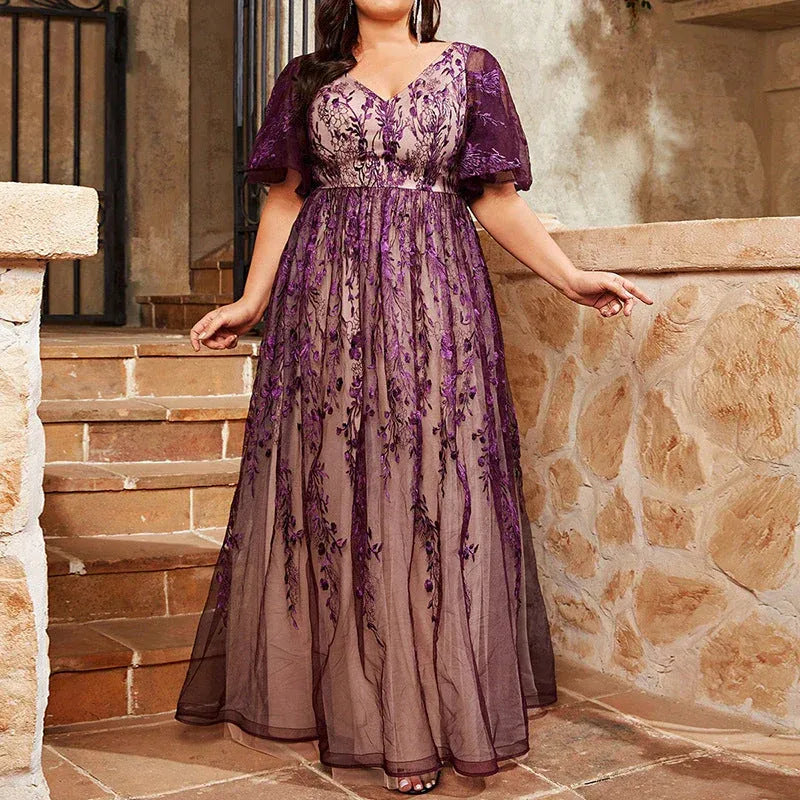 Plus Size A-Line V-Neck Short-Sleeve Embroidered Tulle Ombre-Purple Floor-Length Evening Dress
