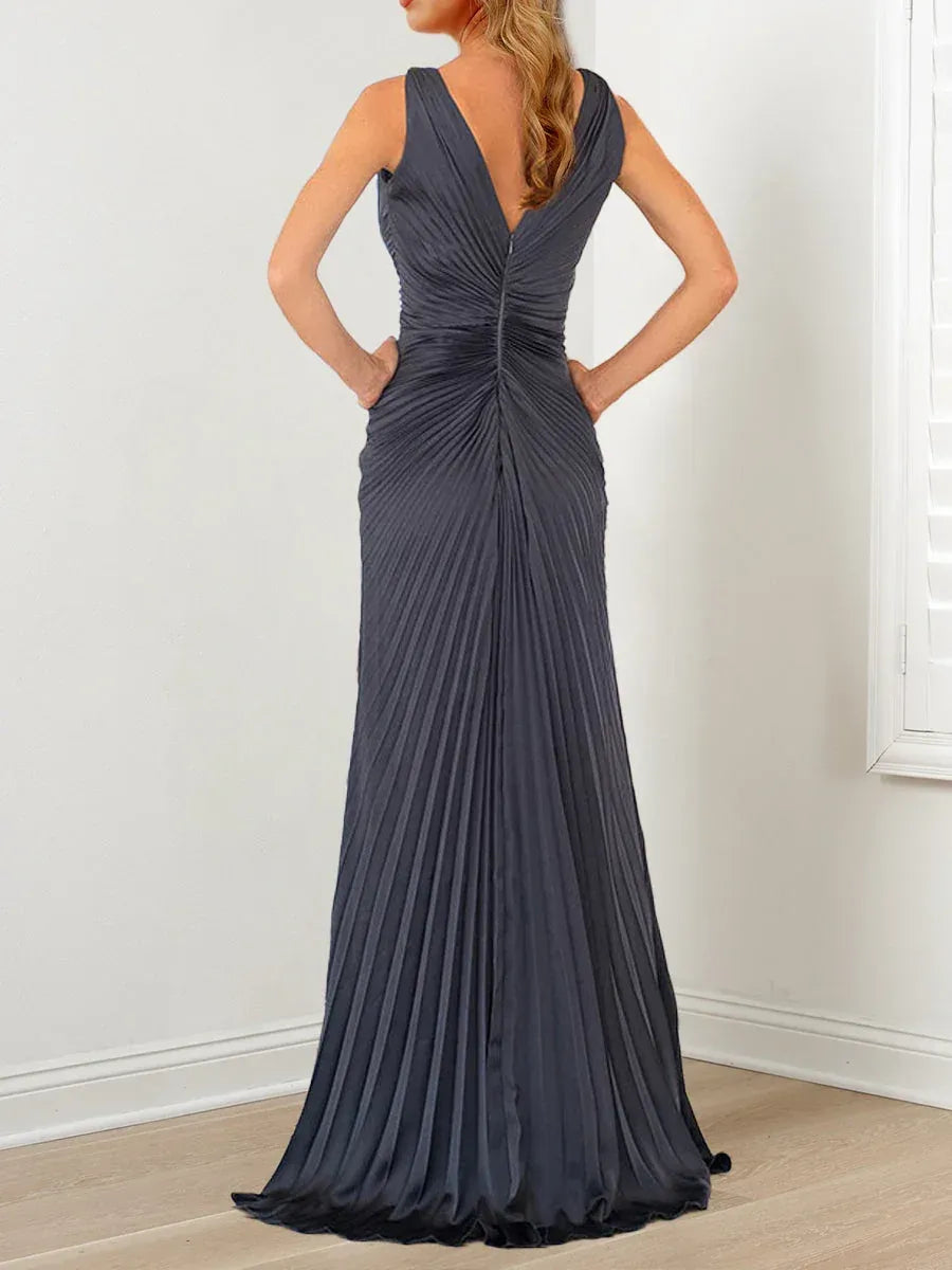 Elegant A-Line V-Neck Sleeveless Pleated Charcoal Gray Maxi Mother of the Bride Dress