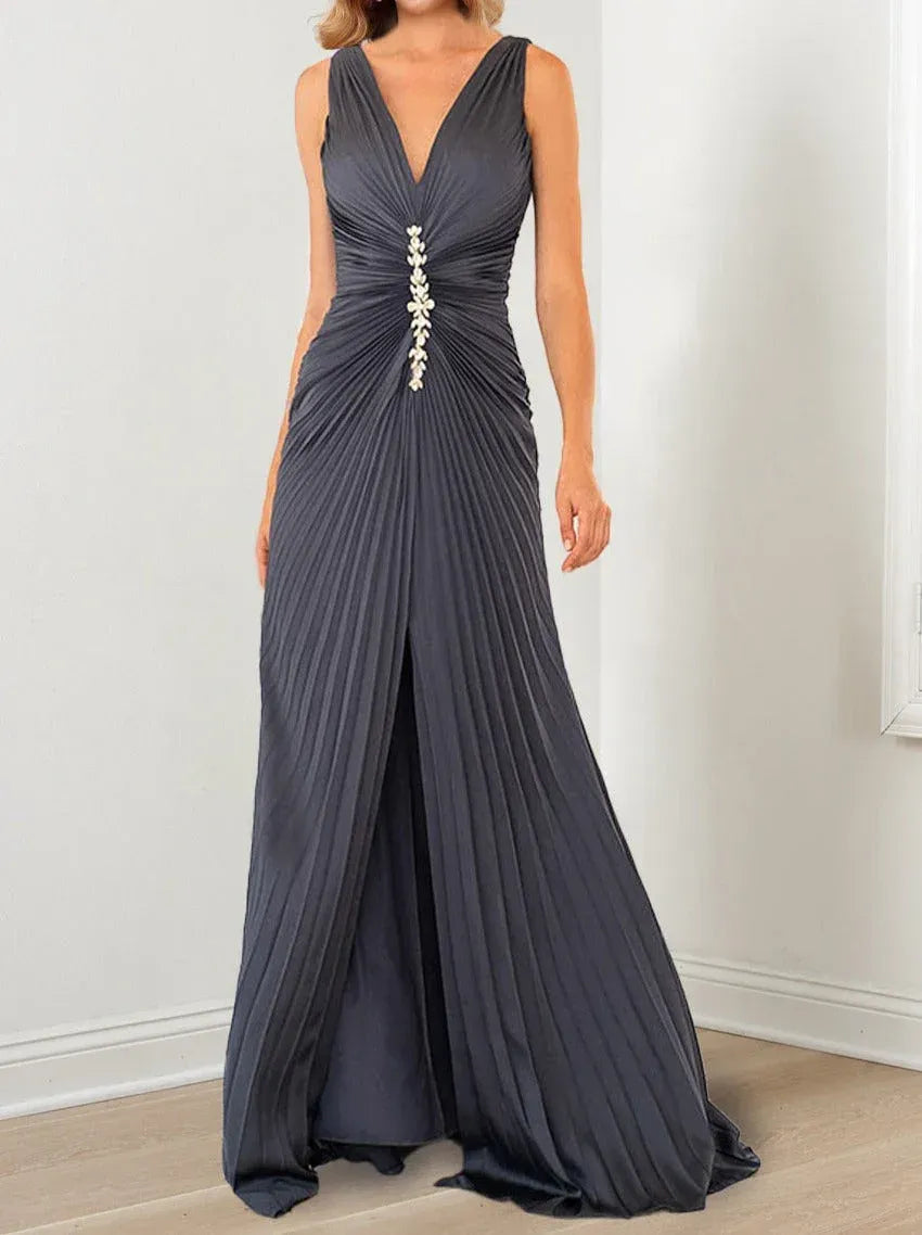 Elegant A-Line V-Neck Sleeveless Pleated Charcoal Gray Maxi Mother of the Bride Dress