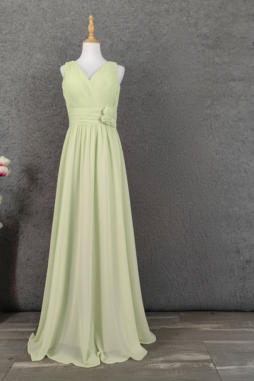 Elegant A-Line V-Neck Sleeveless Ruched Mint Floor-Length Prom Dresses