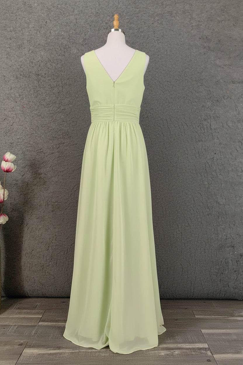 Elegant A-Line V-Neck Sleeveless Ruched Mint Floor-Length Prom Dresses