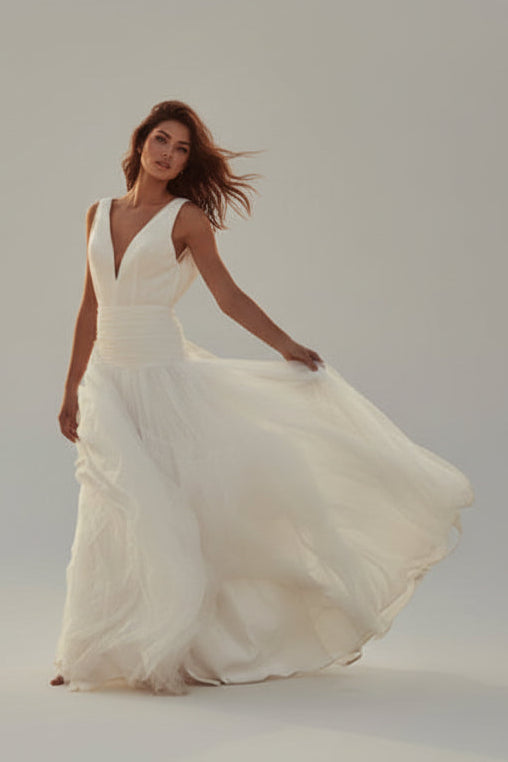 Elegant A-Line V-Neck Sleeveless Ruched White Floor-Length Wedding Dresses