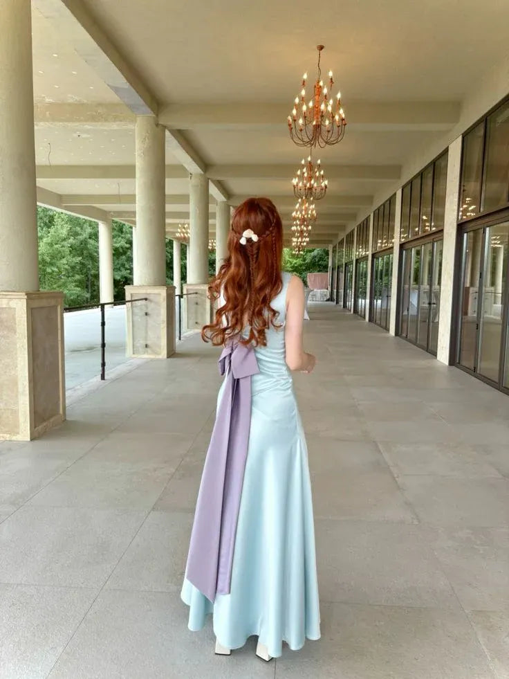 Elegant A-Line V-Neck Sleeveless Satin Light Blue Long Prom Dress With Bow